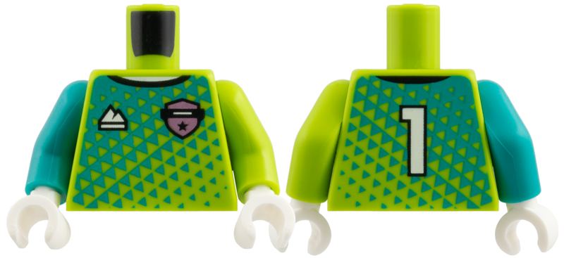 Lego Torso Jersey, Dark Turquoise Triangles, Metallic Pink Badge, White Sports Mountain Logo and 1 on Back Pattern / Lime Arm Left / Dark Turquoise Arm Right / White Hands
