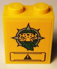 Brick 1 x 2 x 2 with Inside Stud Holder with Leopard Head, Leaves and Black Panel with Exclamation Mark Pattern (Sticker) - Set 60158