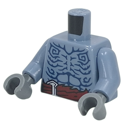 Lego Torso, Dark Blue Patterns, Dark Red Belt print, Sand Blue Arms, Dark Bluish Gray Hands / Sand Blue