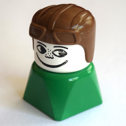 Lego Duplo 2 x 2 x 2 Figure Brick Early, Aviator Hat Brown, Looking Left Print / Green