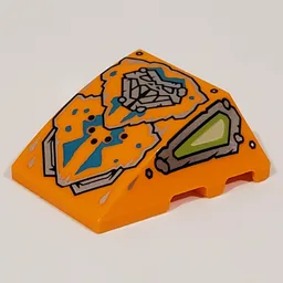 Brick Wedged, Curved 4 x 3 No Studs with Dark Turquoise Decorations, Lime Eyes Print / Orange