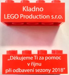 Brick 2 x 4 with 'Kladno LEGO Production s.r.o.' and 'Thank you for your help in October 2018' (Translated Czech) Pattern on Opposite Sides