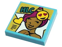 Tile 2 x 2 with 'HLC', Bright Light Orange Heart, Smiling Emoticon and Friends Minifigure with Magenta Hair Pattern (Sticker) - Set 41449 / Medium Azure