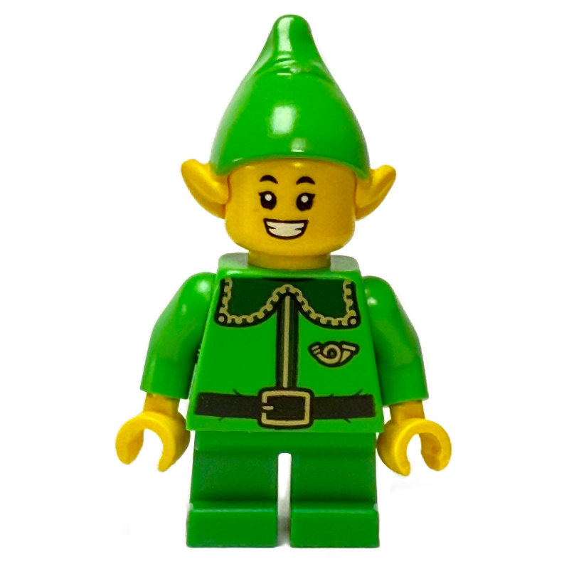 Lego Elf / Postal Elf - Bright Green Torso, Green Legs, Bright Green Hat, Dark Green Collar, Teeth Smile