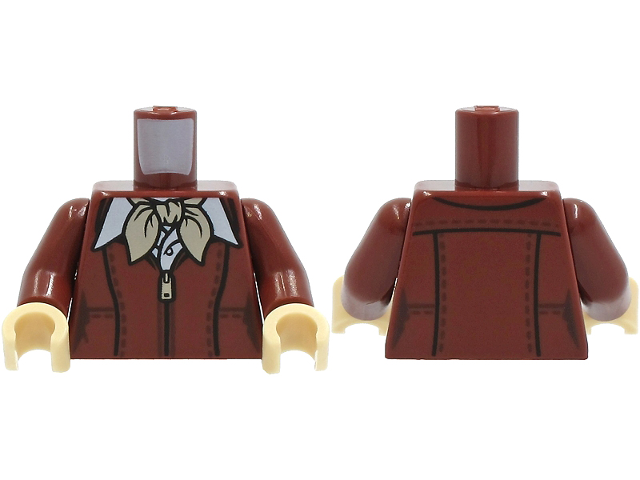 Lego Torso Aviator Leather Jacket with Zipper over White Shirt with Button, Tan Neckerchief Scarf Pattern / Reddish Brown Arms / Tan Hands