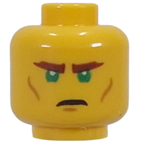 Lego Minifig Head Mysterious Ronin, Dark Orange Eyebrows, Cheek Lines, Green Eyes, Stern / Confused / Yellow