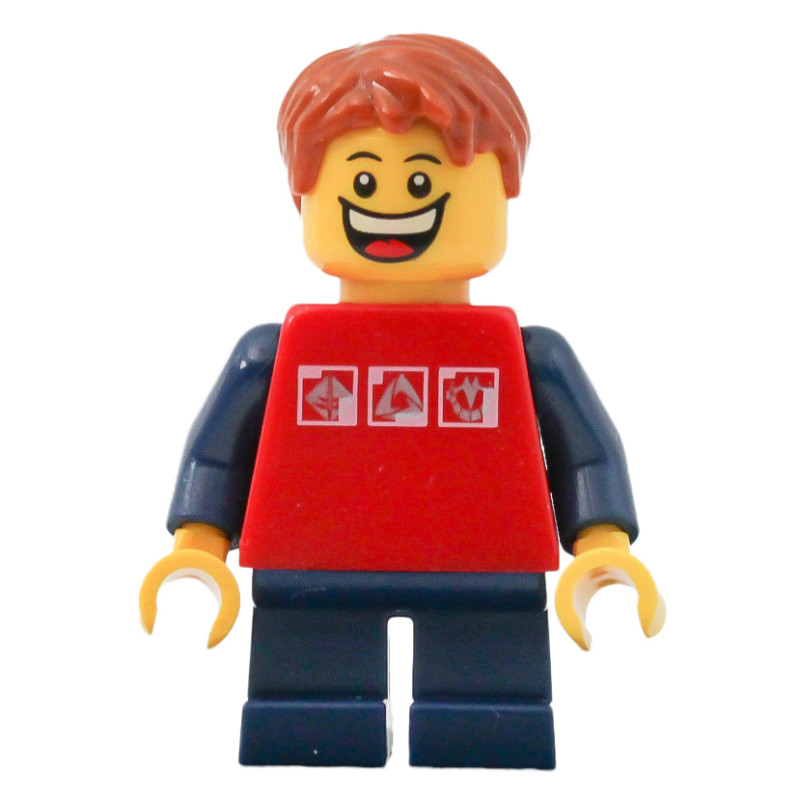Lego Kid - Red Torso, Dark Blue Legs, Dark Orange Hair