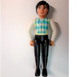 Belville Figure Fixed Elbows, Male, Black Hair, Black Legs, White Arms, Light Lime, Sky Blue, and White Argyle Top / Light Lime