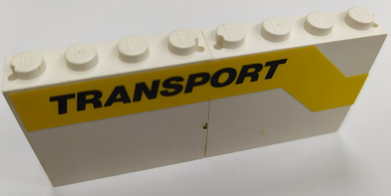 Lego Stickered Assembly 8 x 1 x 3 with Black 'TRANSPORT' on Yellow Stripe Pattern Model Left Side (Sticker) - Set 6367
