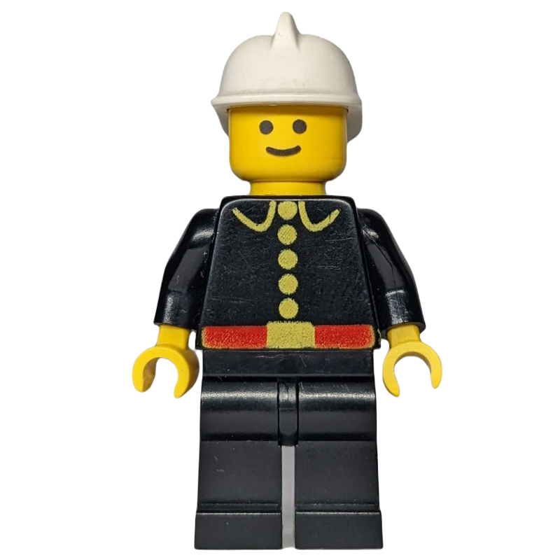 Lego Fireman, Classic, Black Fire Jacket with Red Belt and Buttons, White Helmet (3626b Head)