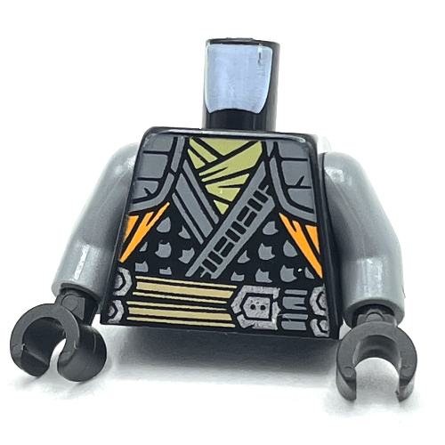 Lego Torso Robe, Light Bluish Grey Trim, Tan Belt/Straps print, Light Bluish Gray Arms, Black Hands / Black