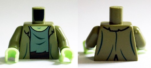 Lego Torso Jacket Ragged with Sand Green T-Shirt with Reddish Brown Waist Sash Pattern (Zombie) / Olive Green Arms / Yellowish Green Hands