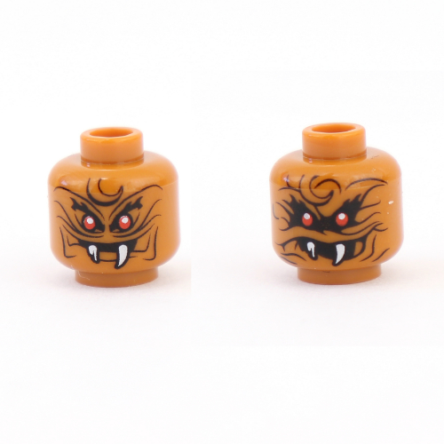 Lego Minifig Head Commander Raggmunk, Dual Sided, Red Eyes, Wrinkles, White Fangs, Narrow Eyes / Wide Eyes, Open Mouth Print [Hollow Stud] / Dark Orange