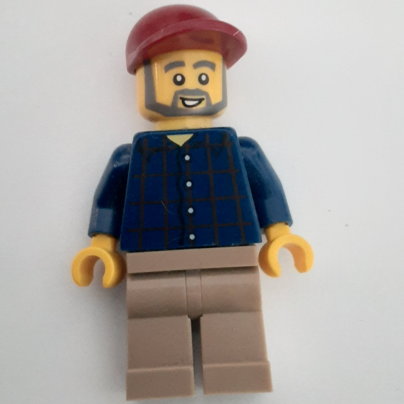 Lego Man, Dark Blue Plaid Shirt, Tan Legs, Dark Red Cap, Beard