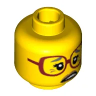 Minifig Head Sherry Scratchen-Post, Dark Red Glasses, Gray Eyebrows, Crow's Feet, Open Mouth Print [Hollow Stud] / Yellow