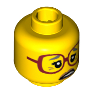 Lego Minifig Head Sherry Scratchen-Post, Dark Red Glasses, Gray Eyebrows, Crow's Feet, Open Mouth Print [Hollow Stud] / Yellow