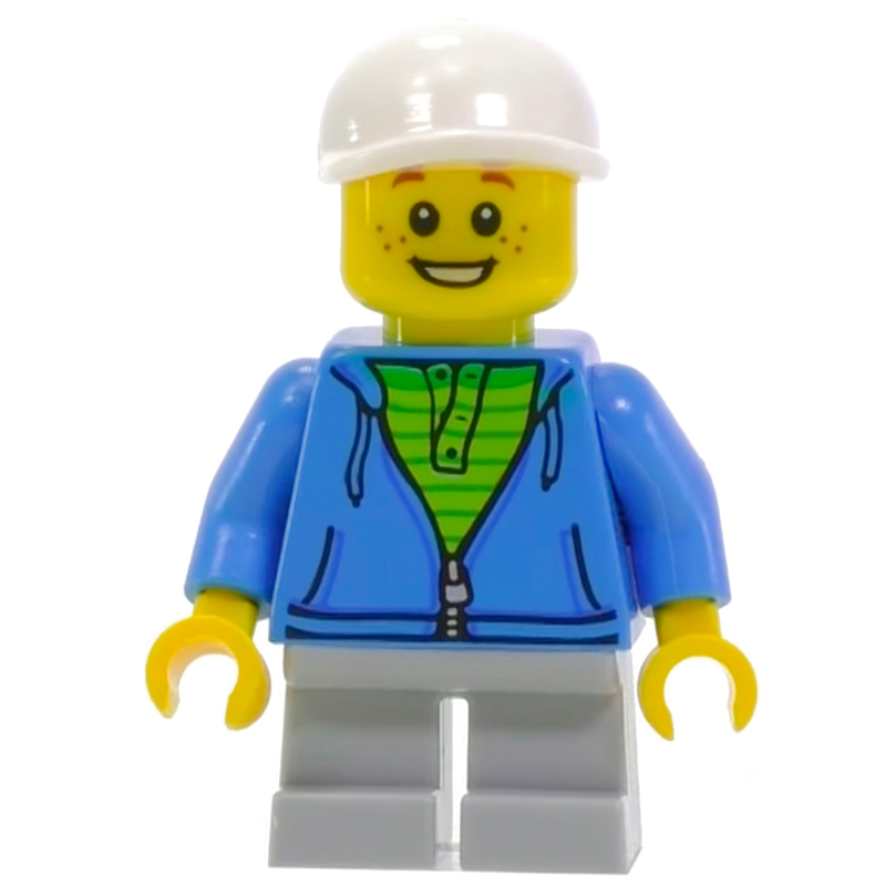 Lego Kid, Dark Azure Torso, Light Bluish Grey Legs, White Cap