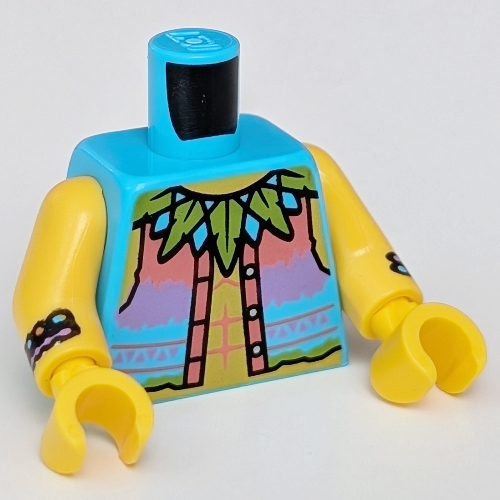 Lego Torso Vest, Coral, Lavender, and Dark Turquoise, Lime Leaf Necklace, Muscles print, Yellow Arms and Hands / Medium Azure
