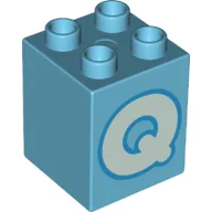 Duplo Brick 2 x 2 x 2 with Light Aqua 'Q' Print / Medium Azure