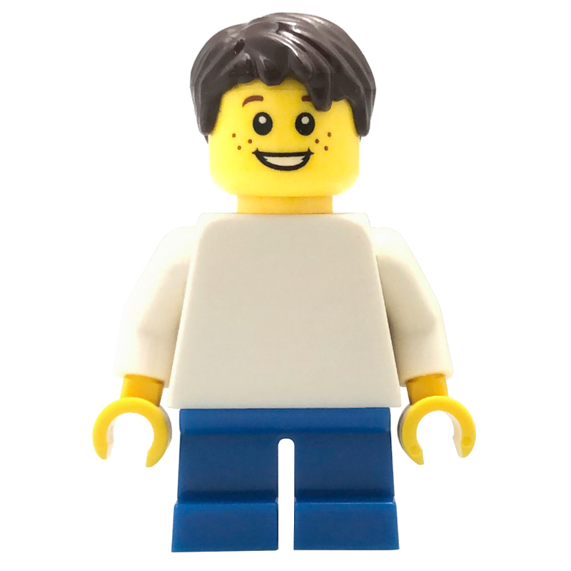 Lego Boy, Plain White Torso, Short Blue Legs, Dark Brown Hair