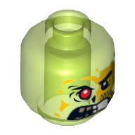 Lego Minifig Head Acid Adam, Split Face Angry, Yellow Left Side, Burned Right Side with Red Eye Print [Hollow Stud] / Trans-Bright Green