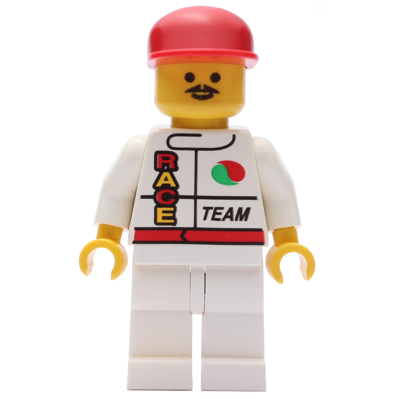 Lego Racer, White Jacket with Octan Logo and 'RACE' and 'TEAM', Red Cap, Moustache