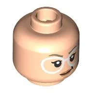 Minifig Head Stephanie "Stef" Steinbrenner, White Glasses, Dark Tan Eyebrows, Smirk / Bright Pink Bubble Gum / Light Nougat