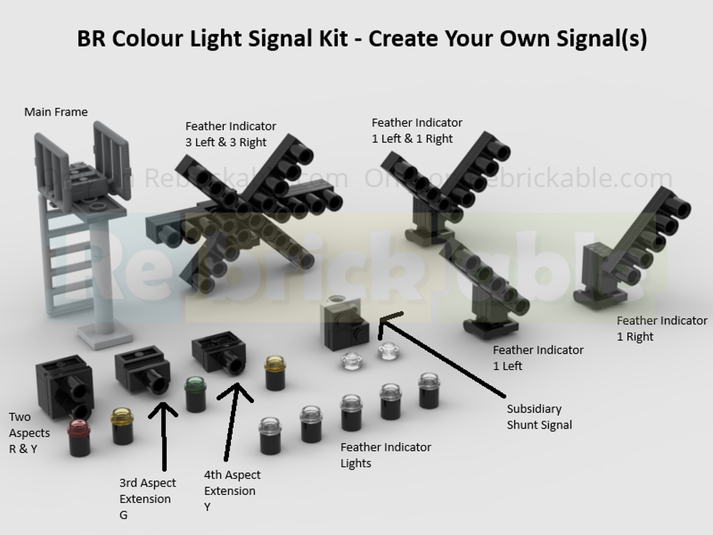 Lego British Railways Colour Light Signal Kit - 2, 3 or 4 Aspects With Optional Subsidiary Signals & Feather Indicators