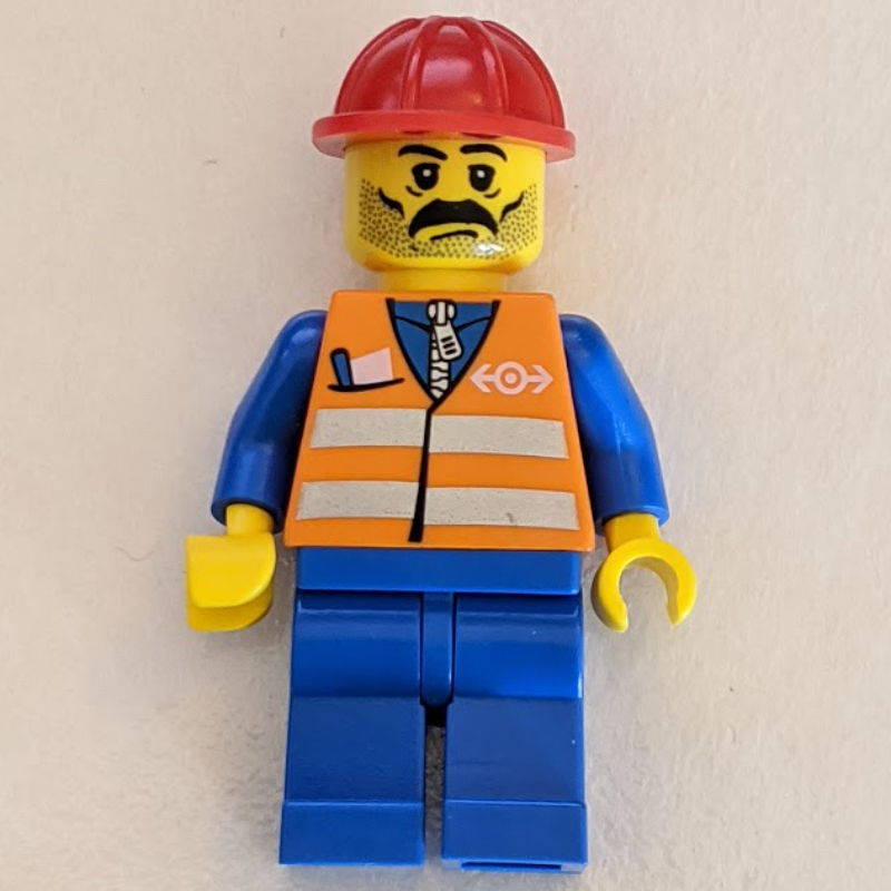 Lego Worker - Orange Safety Vest, Blue Legs, Red Helmet, Black Moustache