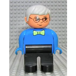 Duplo Figure, Early, with Short Parted Hair Light Gray, Black Legs, Light Lime Bow Tie, Glasses Print / Blue