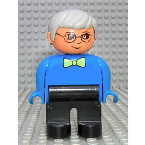 Lego Duplo Figure, Early, with Short Parted Hair Light Gray, Black Legs, Light Lime Bow Tie, Glasses Print / Blue