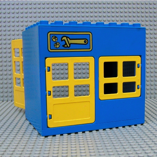 Lego Duplo Building 6 x 8 x 6 with Front Door and Window and Rear Double Door Openings, with Wrench and Nuts Print / Blue