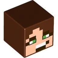 Minifig Head Special, Cube with Pixelated Light Nougat and Dark Brown Face, Bright Green Eyes Print / Reddish Brown