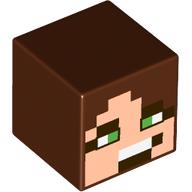Lego Minifig Head Special, Cube with Pixelated Light Nougat and Dark Brown Face, Bright Green Eyes Print / Reddish Brown