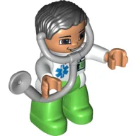 Duplo Figure with Parted Wavy Hair Black, with Attached Stethoscope / White