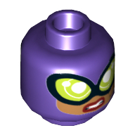 Lego Minifig Head Catwoman, Balaclava, Large Lime Goggles, Medium Nougat Face, Smile / Sneer Print / Dark Purple
