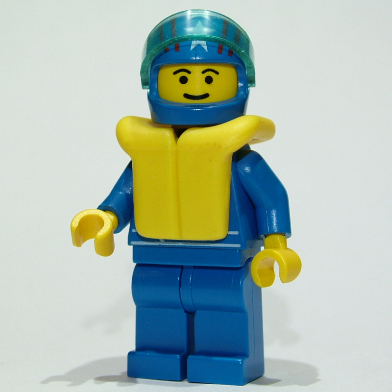 Lego Racer, Blue Jacket with Octan Logo, Blue Legs, Blue Helmet with Stars and Visor, Yellow Life Vest
