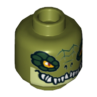 Lego Minifig Head Crocodile, Dark Green Rimmed Eyes, Teeth, Yellowish Green Lower Jaw Print [Hollow Stud] / Olive Green