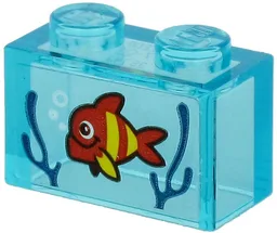 Brick 1 x 2 without Bottom Tube with Red Fish with Yellow Stripes and Dark Blue Seagrass on Transparent Background Pattern (Sticker) - Set 60266