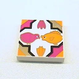 Tile 2 x 2 with Bird, Fish, Flowers in Quatrefoil Magenta/Gold/Medium Orange Print / White