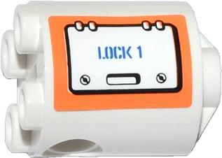Lego Brick, Round 2 x 2 x 2 Robot Body with Bottom Axle Holder (x Shape / + Orientation) with Hatch with Blue 'LOCK 1' on Orange Background Pattern Model Left Side (Sticker) - Set 60014