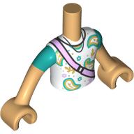 Lego Minidoll Torso Boy with White Shirt, Gold/Dark Turquoise Decorations, Sleeves, Lavender Strap print, Warm Tan Arms and Hands / Warm Tan