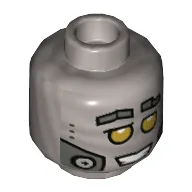 Minifig Head Hiphop Robot, Yellow Eyes, Metal Plates, Open Mouth with Clenched Teeth Print / Flat Silver
