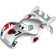 Duplo Car Body, 2 Studs on Spoiler, Wide Fenders, with Cars Shu Todoroki Print / White