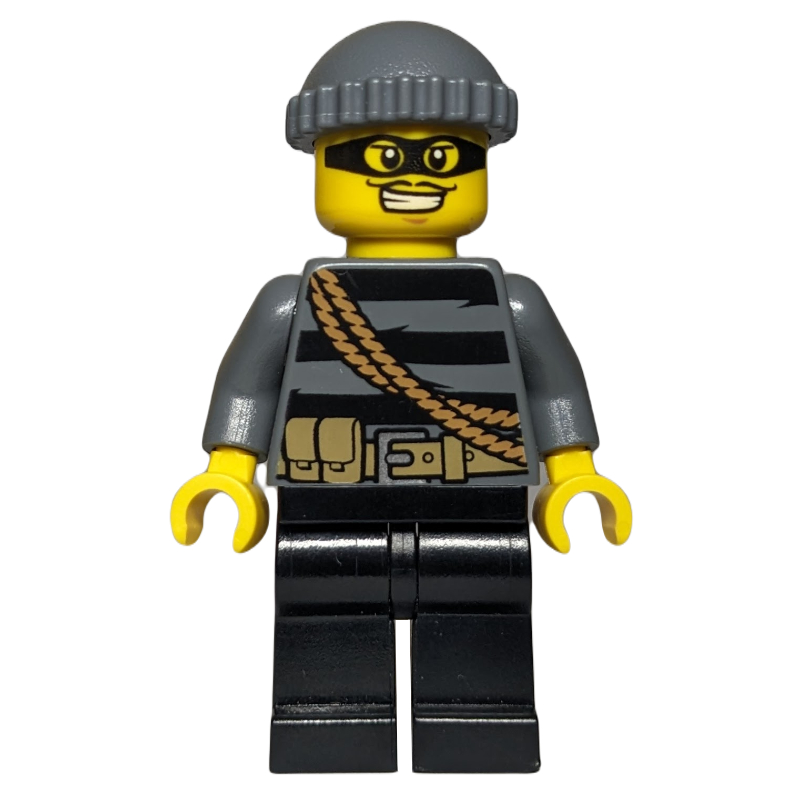 Lego Criminal, Black Striped Top with Rope, Dark Bluish Gray Hat, Black Eyemask