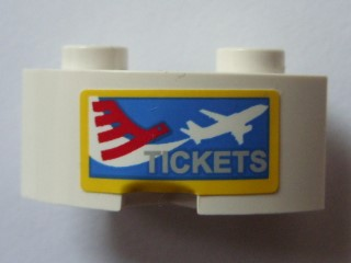 Lego Brick, Round Corner 2 x 2 Macaroni with Stud Notch and Reinforced Underside with Airplane and 'TICKETS' Pattern (Sticker) - Set 3182