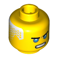 Lego Minifig Head Zane, Eyebrows, Dark Azure Eyes, Open Mouth Scowl, White Hair on Back Print [Hollow Stud] / Yellow