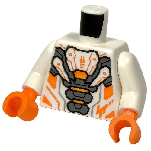 Lego Torso Armor, Silver Panels, Orange Markings print, White Arms, Orange Hands / White