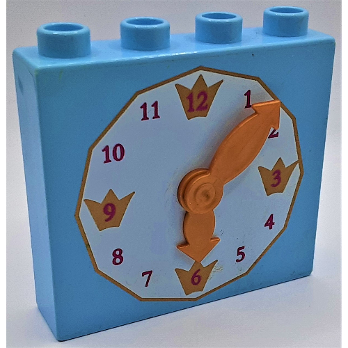 Lego Duplo Brick 1 x 4 x 3 with Movable Gold Hands and White Clock Face Print / Bright Light Blue