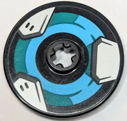 Technic, Disk 3 x 3 with Grappling Claw Launcher with Medium Azure and Dark Turquoise Circle, Dark Bluish Gray and Light Bluish Gray Metal Plates Pattern (Sticker) - Set 75976
